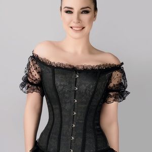 BLACK BROCADE OVERBUST WITH COURT NECK AND SLEEVES